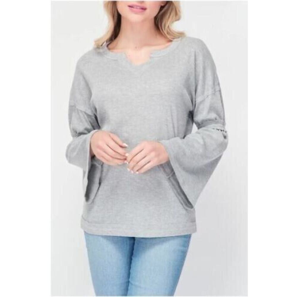 Baea Women's V-Neck Flare‎ Long Sleeve Thermal Top In Grey Small MSRP $78